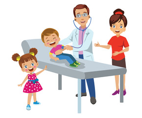 sick boy is being examined at the doctor with his mother