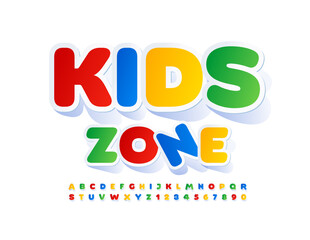 Vector funny sign Kids Zone with colorful sticker Font. Creative Alphabet Letters and numbers set