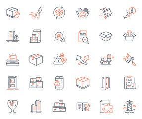 Industrial icons set. Included icon as Lighthouse, Skyscraper buildings and Parcel web elements. Mobile inventory, Parcel tracking, Brush icons. Typewriter, Engineering documentation. Vector