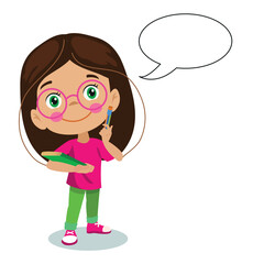 thinking cute smart little girl talk with balloon chat