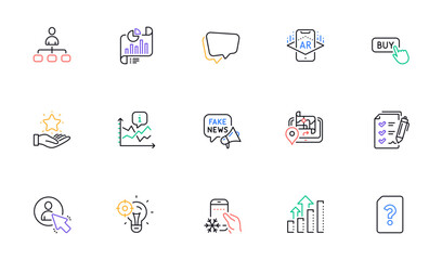 Gps, Fake news and Refrigerator app line icons for website, printing. Collection of Chart, Augmented reality, Speech bubble icons. Analysis graph, Management, Survey checklist web elements. Vector