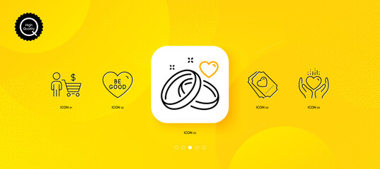 Love ticket, Buyer and Hold heart minimal line icons. Yellow abstract background. Be good, Marriage rings icons. For web, application, printing. Heart, Shopping cart, Care love. Engagement. Vector