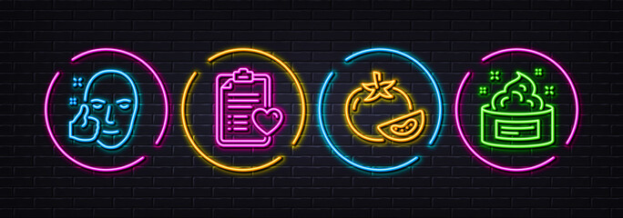 Healthy face, Tomato and Patient history minimal line icons. Neon laser 3d lights. Skin cream icons. For web, application, printing. Healthy cosmetics, Fresh vegetable, Medical survey. Vector - obrazy, fototapety, plakaty
