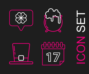 Set line Saint Patrick's day with calendar, Leprechaun hat, Witch cauldron and Four leaf clover speech bubble icon. Vector