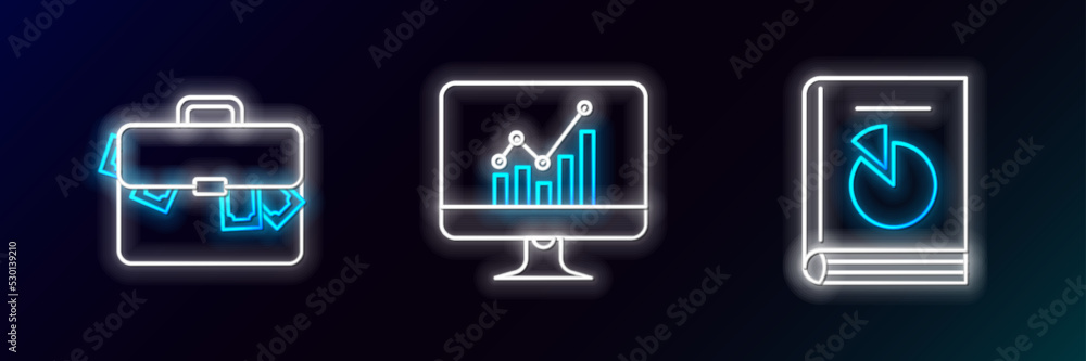 Poster Set line User manual, Briefcase and money and Computer monitor with graph chart icon. Glowing neon. Vector