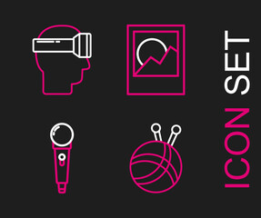 Set line Yarn ball with knitting needles, Microphone, Photo frames and Virtual reality glasses icon. Vector