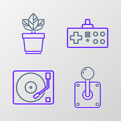 Set line Joystick for arcade machine, Vinyl player with vinyl disk, Gamepad and Flowers pot icon. Vector