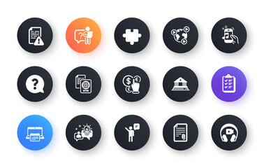 Minimal set of Instruction manual, Money currency and Court building flat icons for web development. Puzzle, Idea, Video conference icons. Question mark, Attachment. Circle buttons with icon. Vector