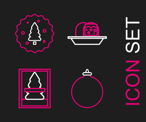 Set line Christmas ball, postcard, Marzipan sponge cake and Cookie or biscuit with chocolate icon. Vector