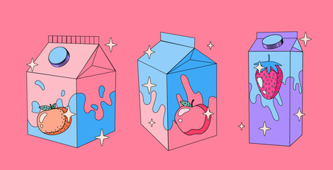 Set of juice packs in pastel colors. Vaporwave and city pop style illustrations for poster or print design.