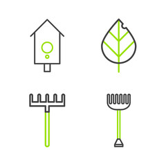 Set line Garden rake, Leaf and Retro wall watch icon. Vector