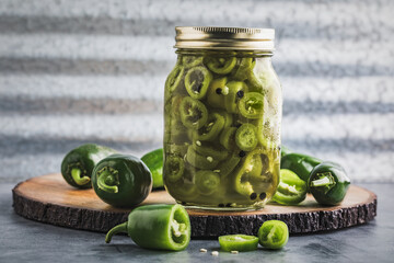 Jar of homegrown quick pickled homegrown jalapeno peppers surrounded by fresh green jalapeno...