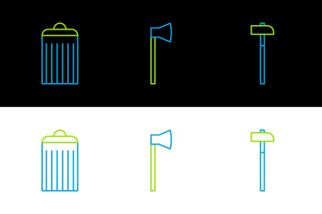 Set line Hammer, Trash can and Wooden axe icon. Vector