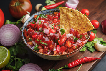 Tortilla chips and fresh salsa made with homegrown ingredients of tomatoes, red onions, garlic, chili peppers, cilantro and lime