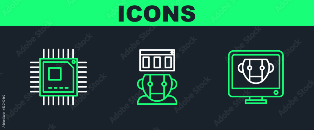 Poster set line bot, processor with microcircuits cpu and robot icon. vector