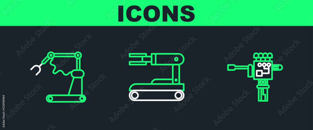 Poster set line mechanical robot hand and screwdriver, industrial machine robotic arm factory and robot ico