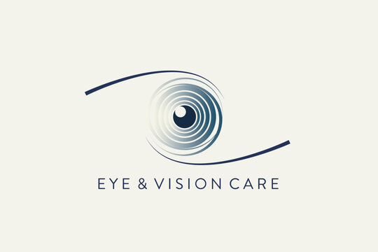 Eye logo, ophthalmology office.Medical icon for vision care.Blue color ring-shaped iris with pupil in center.Circular sign isolated on light background.Ocular, optic symbol.