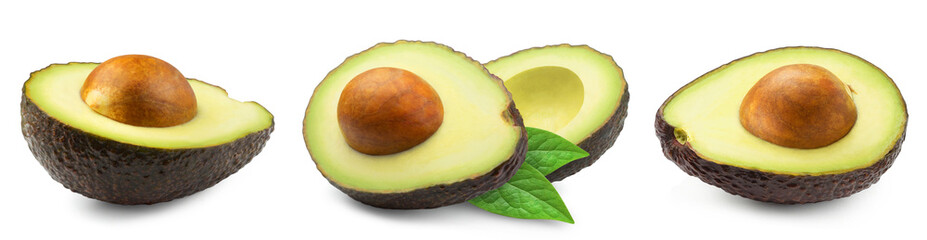 Avocado isolated set. Collection of ripe dark avocado and avocado halves on white background.