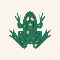 Drawing vector of a green frog with yellow spots. Top view, realistic drawing. Flat design isolated on a light background.