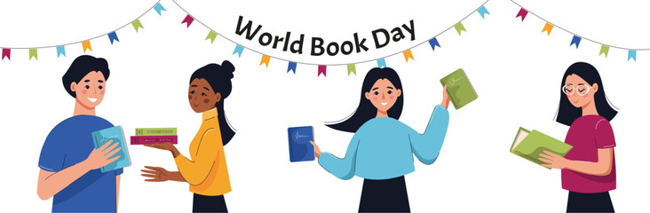 World book day. People with books in hands. Concept of reading, development, education. Vector flat illustration.