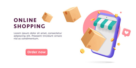 3d vector online shopping with smartphone on mobile app design banner.  Smart business marketing concept. Cartoon render phone with shop awning, social media like, gold coins icons and flying delivery