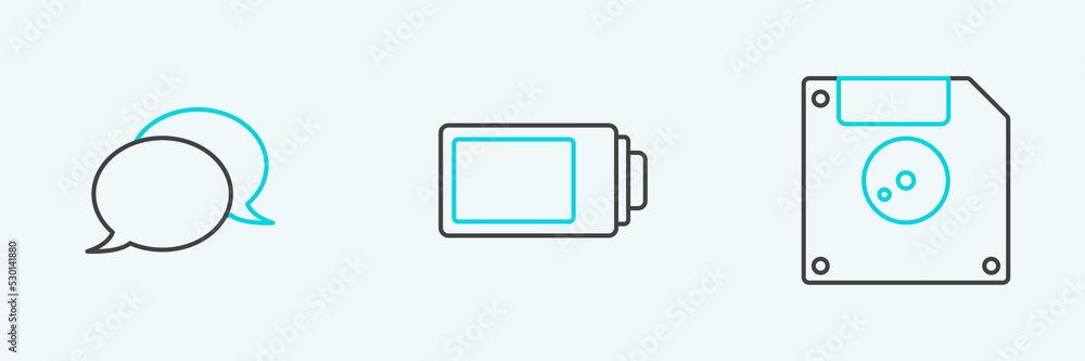 Poster set line floppy disk for computer data storage, speech bubble chat and battery charge level indicato