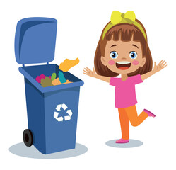 cute girl throwing trash in recycling bin