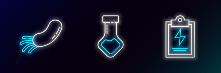 Set line Laboratory clipboard with checklist, Bacteria and Test tube and flask chemical icon. Glowing neon. Vector