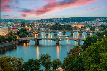 Fototapeta premium The Vltava River night view in Prague City