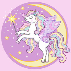 White unicorn with a magic wand on the moon. For children's design of prints, posters, cards, stickers, t-shirts, cups and so on. Vector
