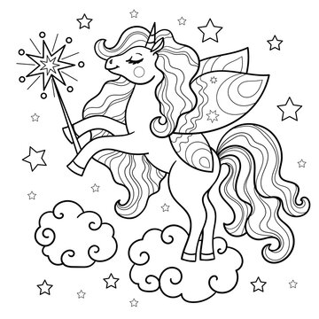 Cute unicorn with a magic wand on a cloud. Black and white linear drawing. For the design of prints frame paint books, posters, stickers, cards, t-shirts, cups and so on. Vector