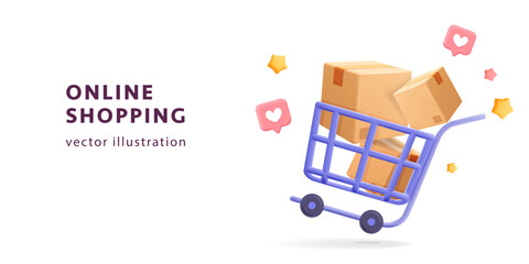 Online shopping cart with lots of paper boxes with stars and like icon 3d vector design illustration