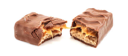 Chocolate bar with nougat on a white background. The bar is broken into two parts isolate