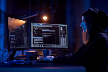 cybercrime, hacking and technology concept - female hacker in dark room writing code or using...