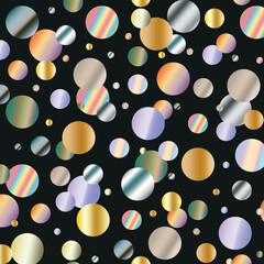 Confetti seamless pattern. Colorful circles on black background. Holiday design vector illustration.