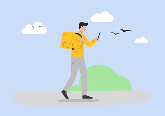 Concept Of Courier Delivery Home And Office Service. Male Character Courier With Delivery Backpack And Smartphone, Delivers Food To Customer s Adress. Cartoon Linear Outline Flat Vector Illustration