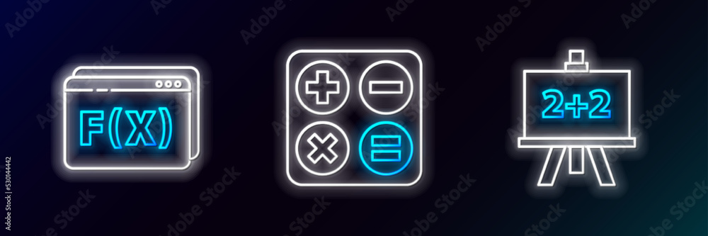 Poster set line chalkboard, function mathematical symbol and calculator icon. glowing neon. vector