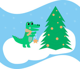 christmas cheerful dinosaur crocodile decorates the christmas tree