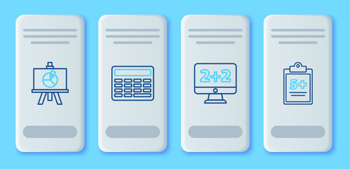 Set line Calculator, Equation solution, Chalkboard with diagram and Test exam sheet icon. Vector