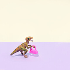 Creative funny look of a dinosaur with a pink purse, on a pastel yellow and lilac background....