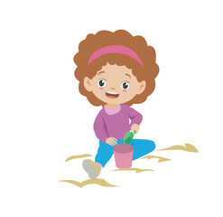 cute girl playing in the sand with her pink basket