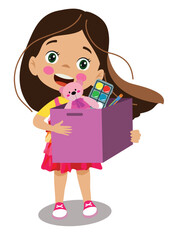 smart girl who collects his toys and stuffs them in the box