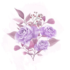 Set of watercolor floral frame bouquets of purple roses and leaves. Botanic decoration illustration for wedding card, fabric, and logo composition