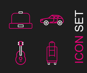 Set line Suitcase, Guitar, Car and Beanie hat icon. Vector