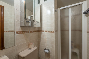 Bathroom with white porcelain fixtures, frameless mirror on the wall, and square walk-in shower with double-pane screen