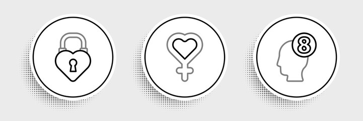 Set line 8 March in human head, Castle the shape of heart and Female gender symbol icon. Vector