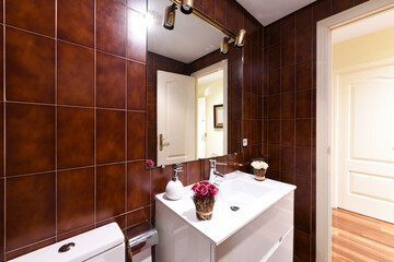 wc in white shades with frameless mirror on the wall, white porcelain sanitary ware and ugly dark brown tiles