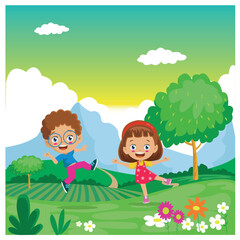 Obraz na płótnie Canvas happy jumping kids and nature