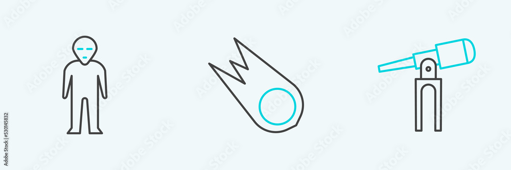 Poster set line telescope, alien and comet falling down fast icon. vector