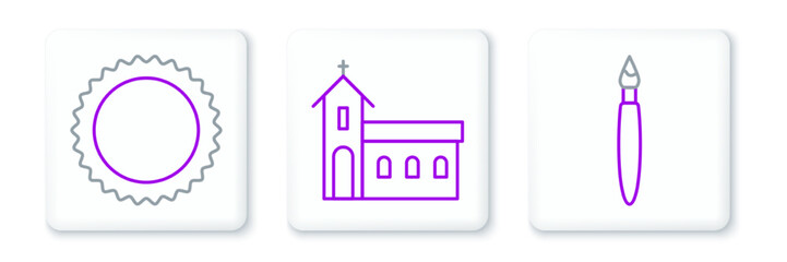 Set line Paint brush, Sun and Church building icon. Vector